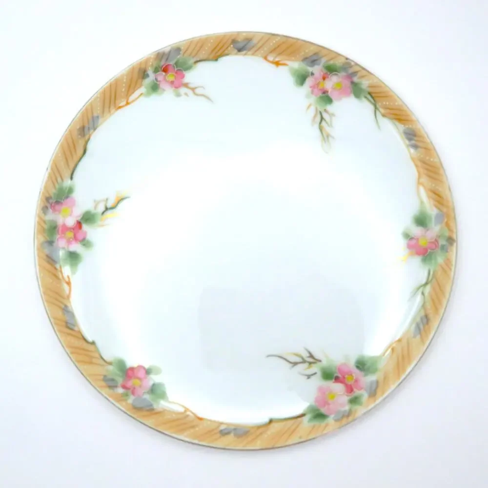 Antique Nippon Hand Painted Porcelain Plate Pink Floral Raised Enamel 1920 Japan